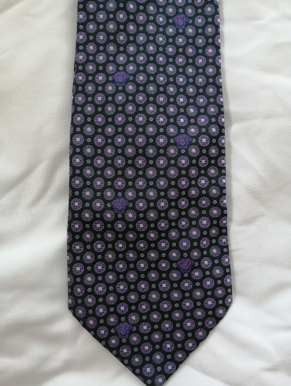 Versace Medusa Head Silk Purple Floral Medallion Dot Silk Tie Italian Luxury